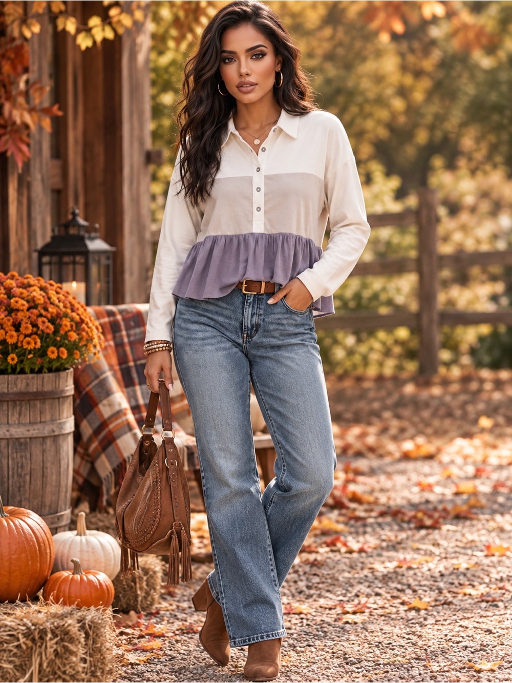B752. Stylish Cotton Colorblock Ruffle Hem Long Sleeve Top
